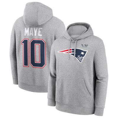 Men's New England Patriots #10 Drake Maye  Heather Gray Super Bowl LX Patch Name & Number Hoodie