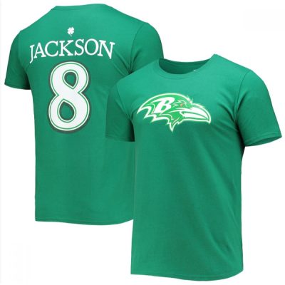 Men's Baltimore Ravens #8 Lamar Jackson Green St. Patrick's Day Icon Player T-Shirt