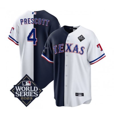 Men's Dallas Cowboys & Texas Rangers #4 Dak Prescott Navy/White Splite 2023 World Series Splite Stitched Baseball  Jersey