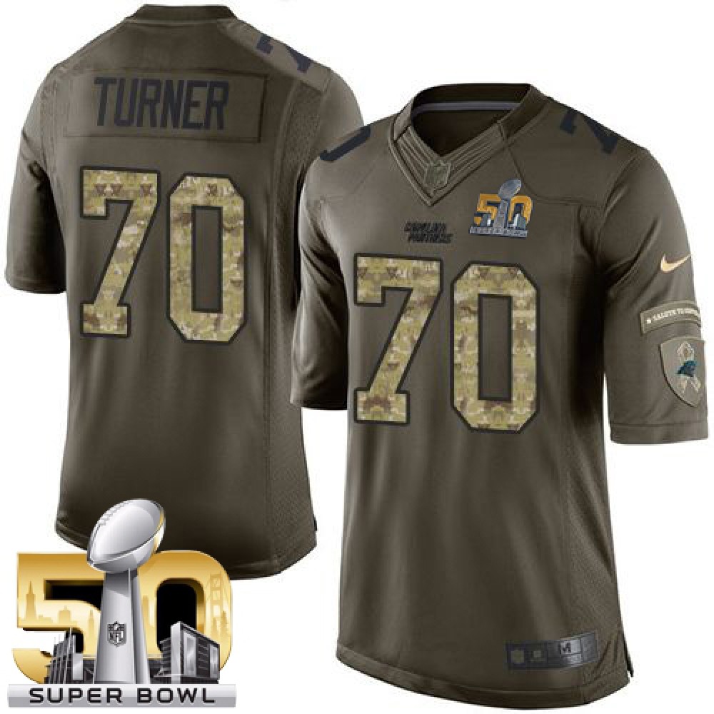 Panthers #70 Trai Turner Green Super Bowl 50 Men's Stitched NFL Limited Salute to Service Jersey