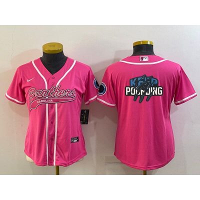 Women's Carolina Panthers Pink Team Big Logo With Patch Cool Base Stitched Baseball Jersey(Run Small)