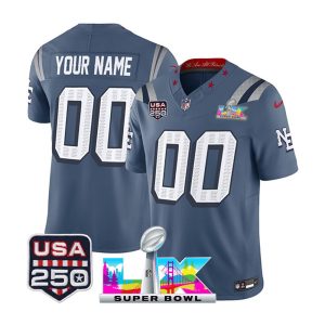 Men's New England Patriots Custom Blue Super Bowl LX Patch USA 250' Patch Rivalries Collection Vapor F.U.S.E. Limited Jersey