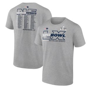 Men's New England Patriots  Heather Gray Super Bowl LX Roster T-Shirt