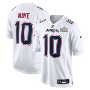 Men's New England Patriots #10 Drake Maye White Super Bowl LX Patch Tundra Fashion Game Jersey