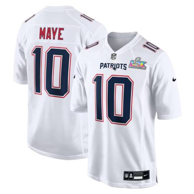 Men's New England Patriots #10 Drake Maye White Super Bowl LX Patch Tundra Fashion Game Jersey