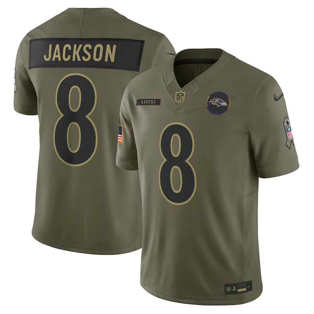 Men's Baltimore Ravens #8 Lamar Jackson Olive 2025 Salute to Service Limited Jersey