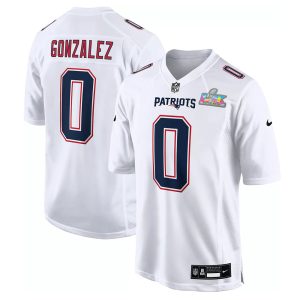 Men's New England Patriots #0 Christian Gonzalez White Super Bowl LX Patch Tundra Fashion Game Jersey