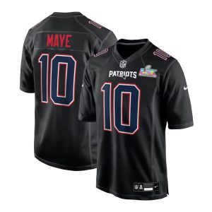 Men's New England Patriots #10 Drake Maye Black Super Bowl LX Patch Carbon Fashion Game Jersey
