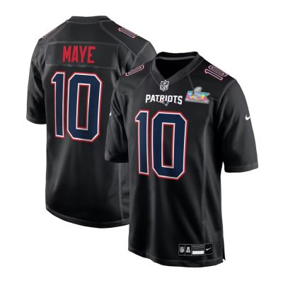 Men's New England Patriots #10 Drake Maye Black Super Bowl LX Patch Carbon Fashion Game Jersey