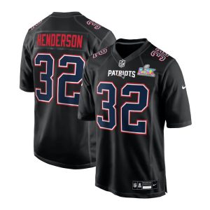 Men's New England Patriots #32 TreVeyon Henderson Black Super Bowl LX Patch Carbon Fashion Game Jersey