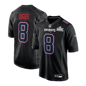 Men's New England Patriots #8 Stefon Diggs Black Super Bowl LX Patch Carbon Fashion Game Jersey