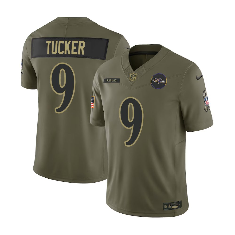 Men's Baltimore Ravens #9 Justin Tucker Olive 2025 Salute to Service Retired Limited Jersey