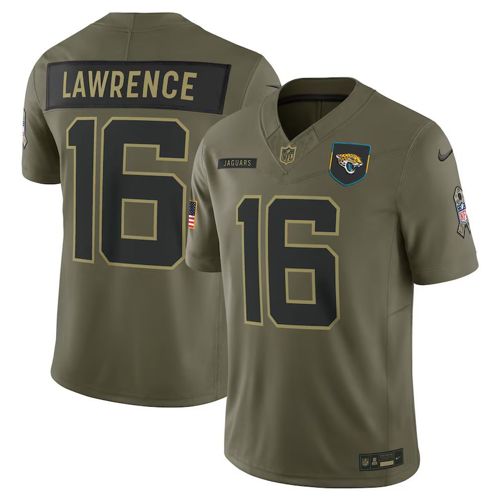 Men's Jacksonville Jaguars #16 Trevor Lawrence Olive 2025 Salute to Service Limited Jersey